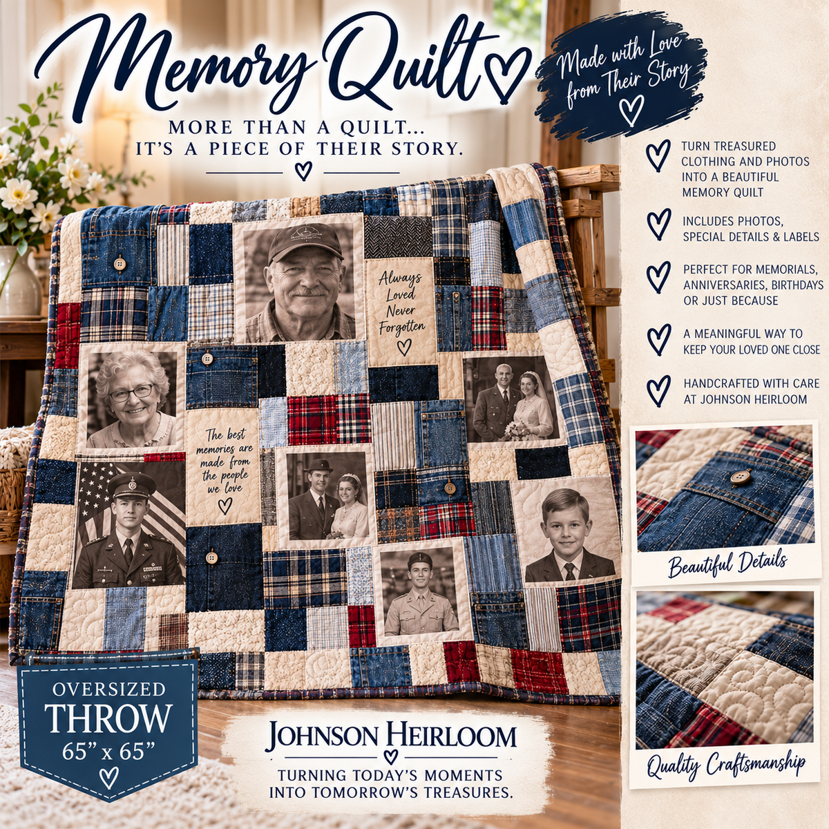 Custom Memory Quilt | Oversized 65" × 65" Throw | Personalized Photo & Clothing Keepsake Quilt