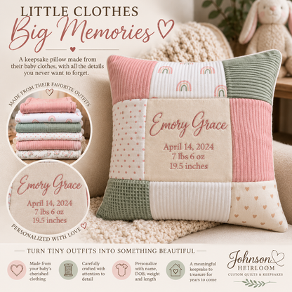 Personalized Baby Clothes Keepsake Pillow | Custom Patchwork Memory Pillow with Embroidered Birth Details