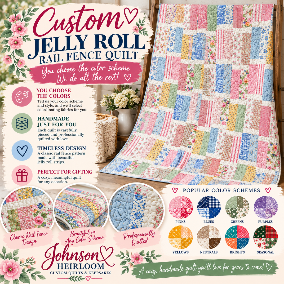 Custom Jelly Roll Rail Fence Quilt | Handmade Patchwork Heirloom Quilt