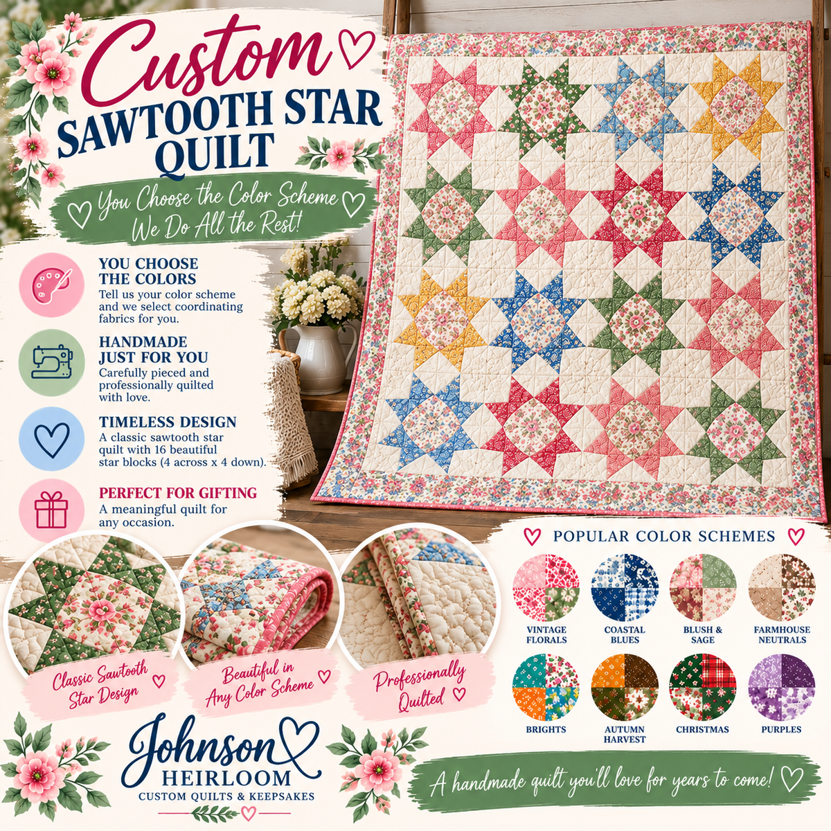 Custom Sawtooth Star Quilt | Handmade Patchwork Heirloom Throw Quilt