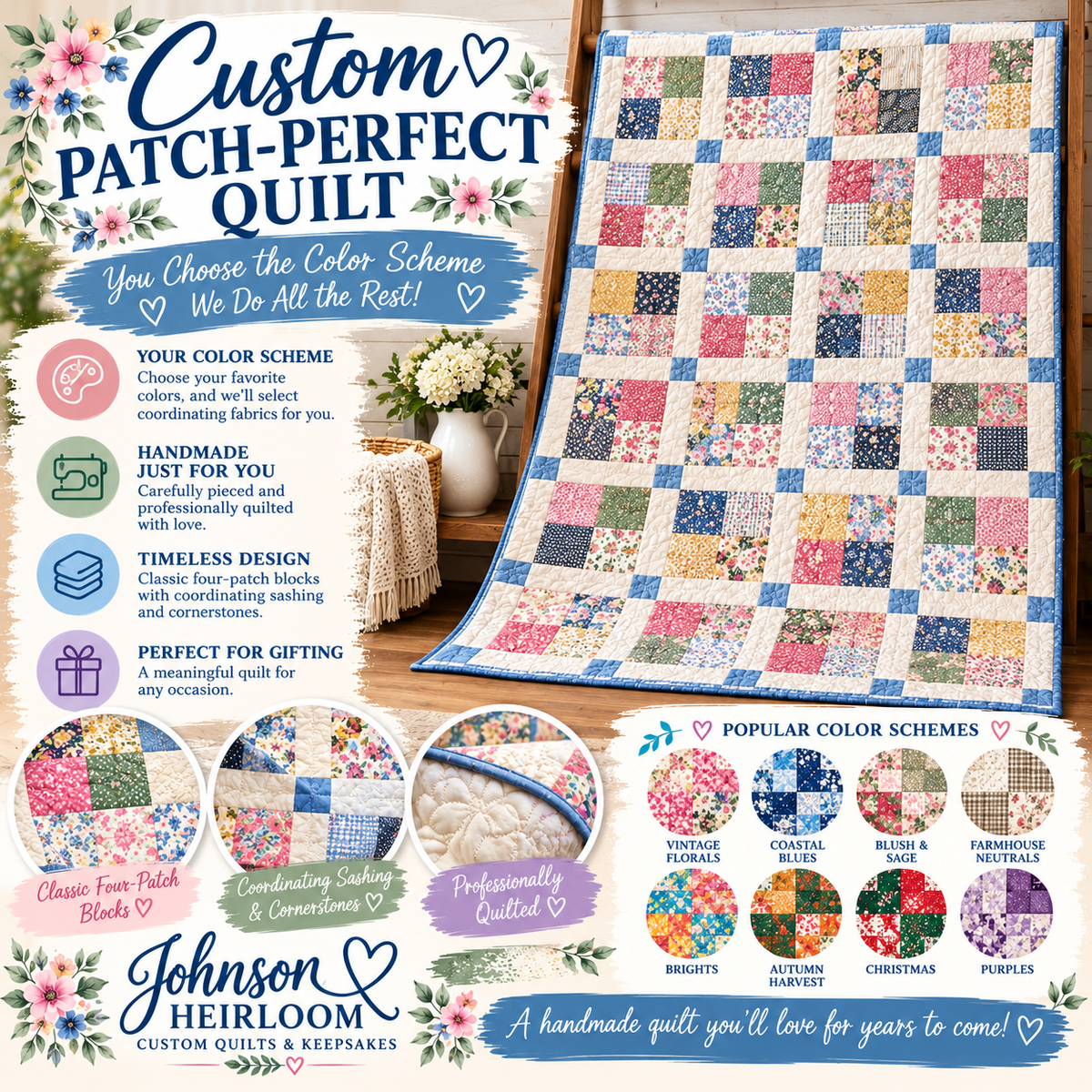 Custom Patch-Perfect Quilt | Handmade Four-Patch Heirloom Quilt