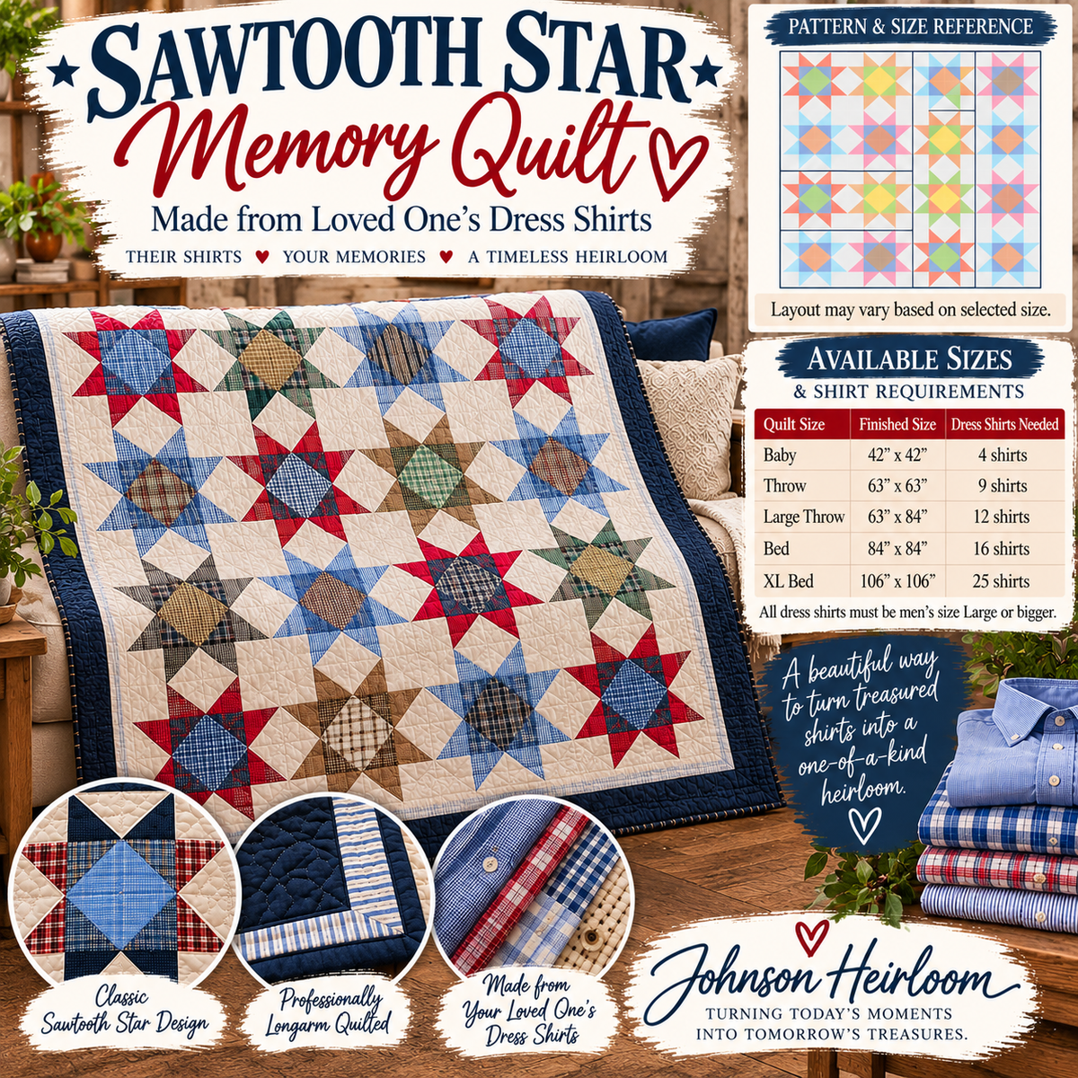 Custom Sawtooth Star Memory Quilt | Made from Loved One's Dress Shirts | Handmade Keepsake Quilt