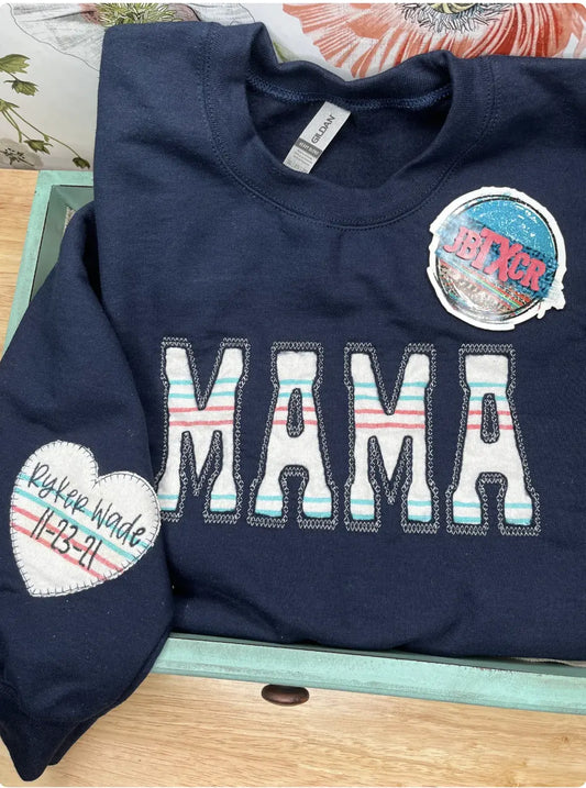 Custom Name w/sleeve heart Applique Embroidered Crewneck Johnson Heirloom