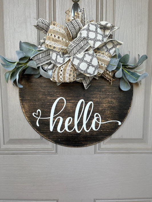 Hello Wooden Round Door Sign w/ Magnetic Interchangeable Bow