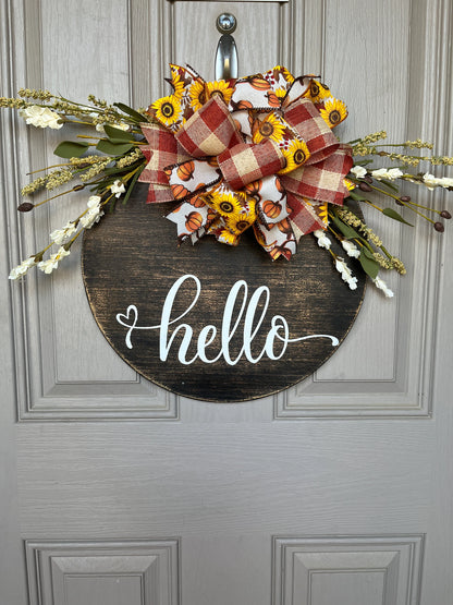 Hello Wooden Round Door Sign w/ Magnetic Interchangeable Bow