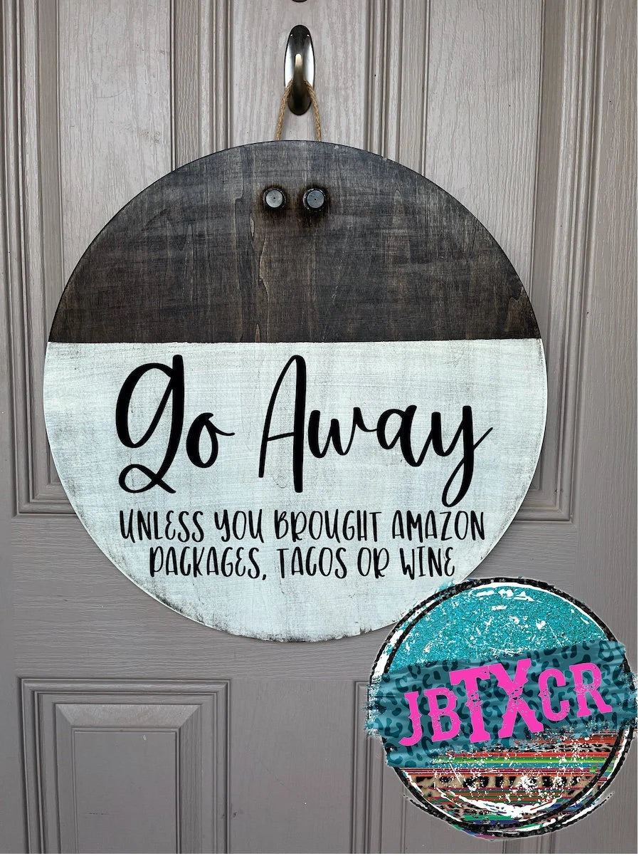 Go Away Wooden Round Door Sign w/ Magnetic Interchangeable Bow
