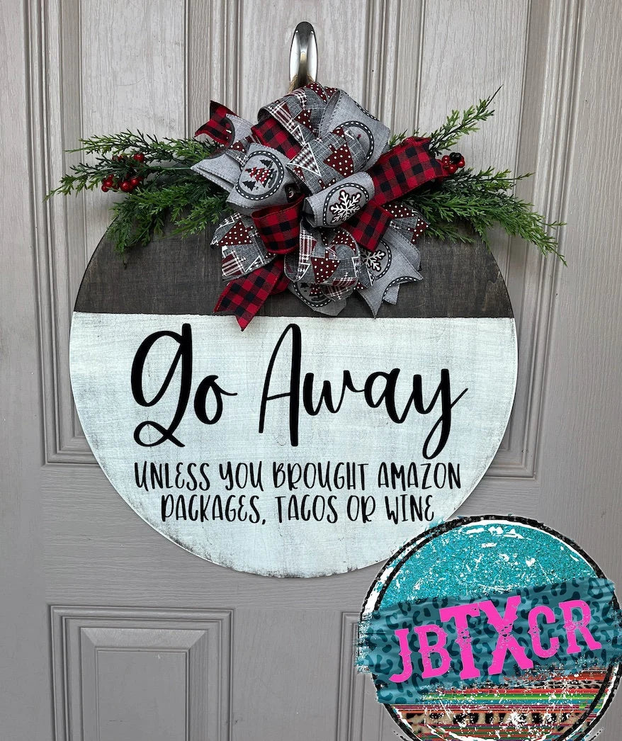 Go Away Wooden Round Door Sign w/ Magnetic Interchangeable Bow