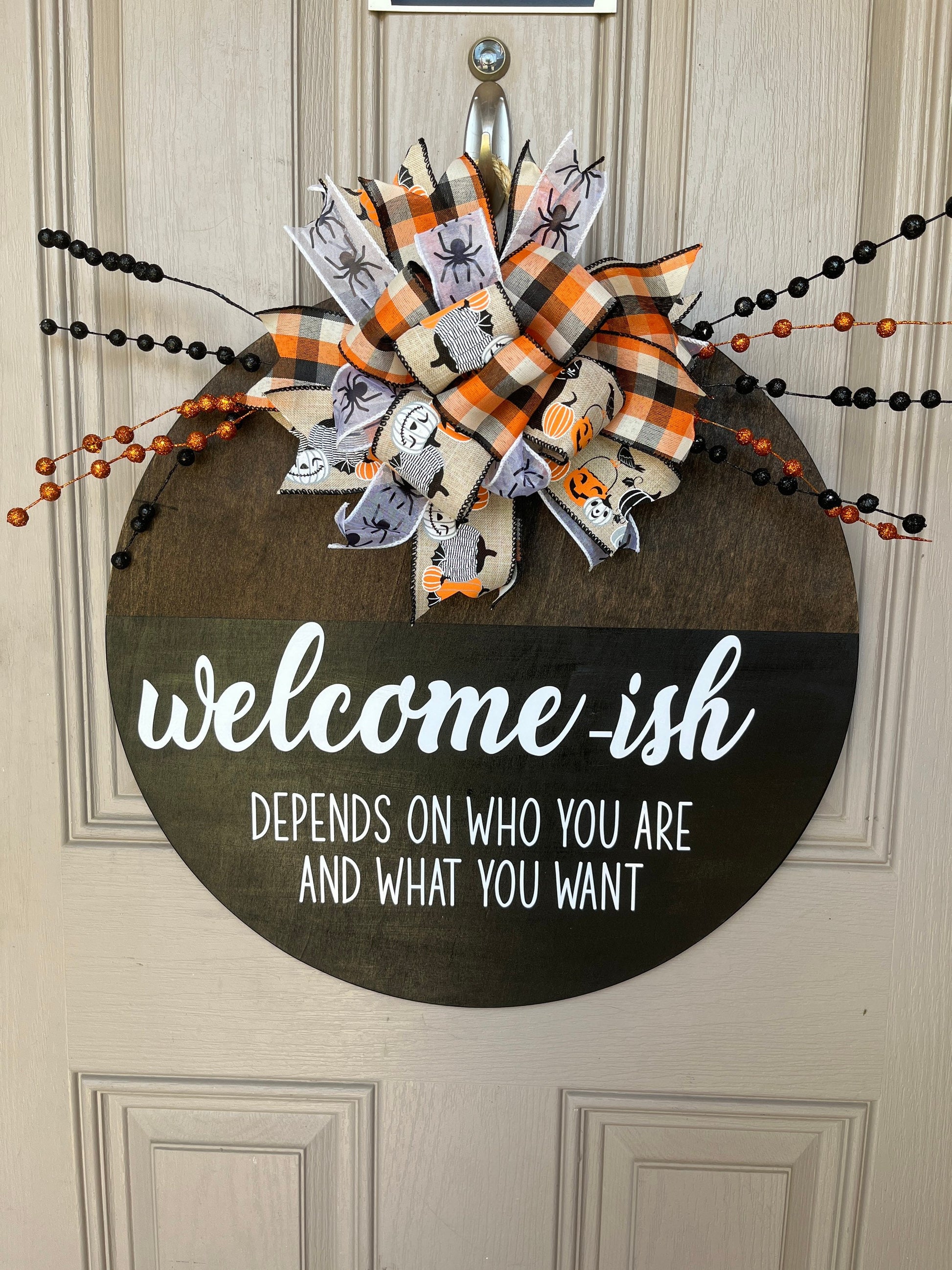 Welcome-ish Wooden Round Door Sign w/ Magnetic Interchangeable Bow