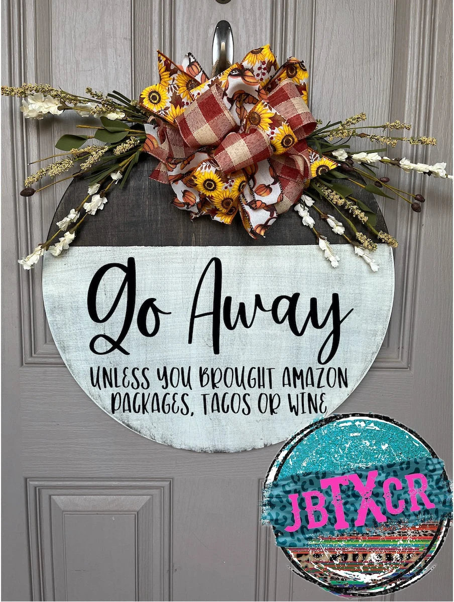 Go Away Wooden Round Door Sign w/ Magnetic Interchangeable Bow
