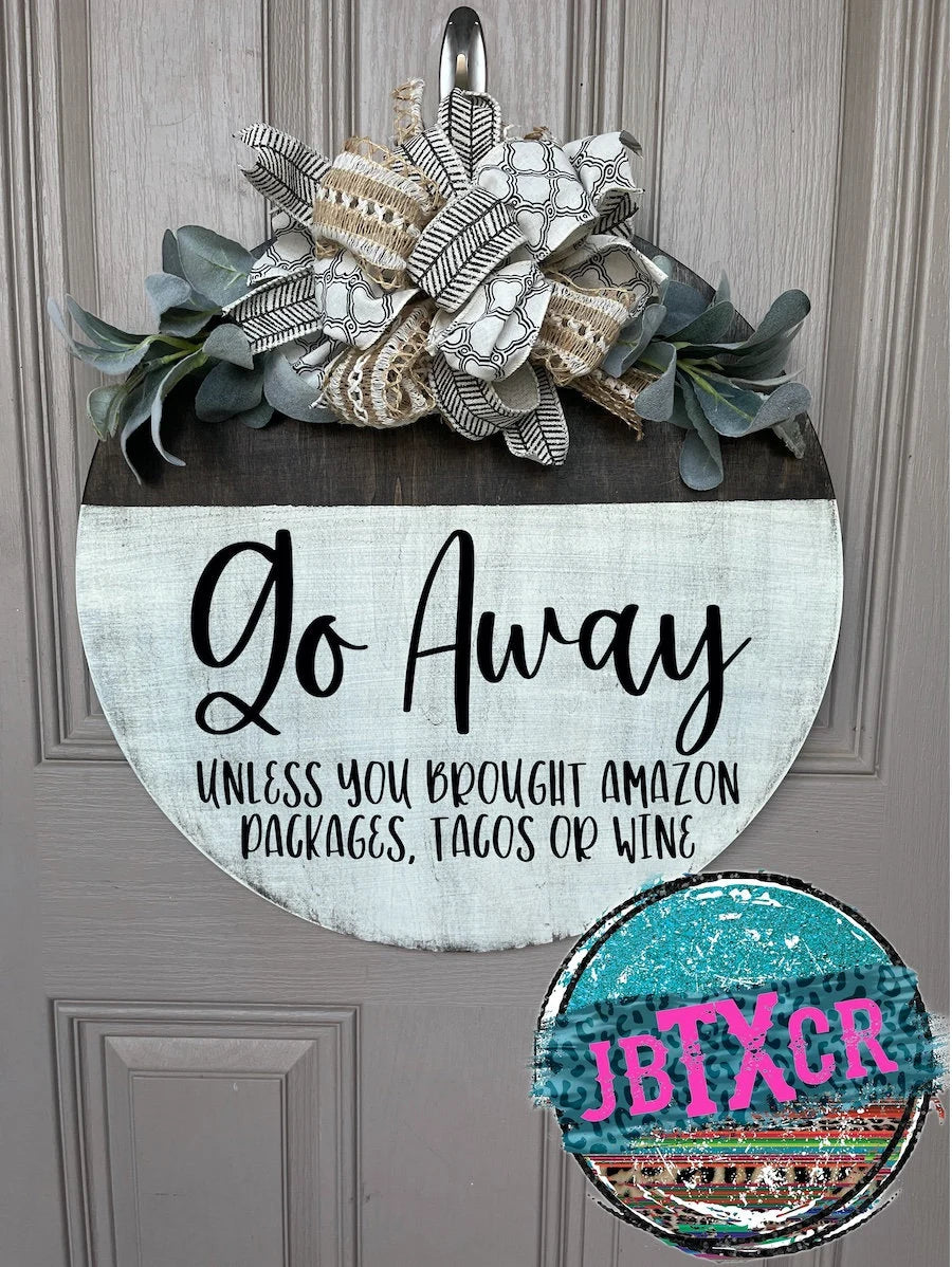 Go Away Wooden Round Door Sign w/ Magnetic Interchangeable Bow