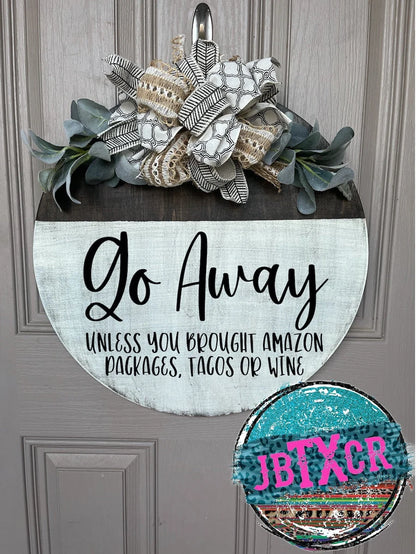 Go Away Wooden Round Door Sign w/ Magnetic Interchangeable Bow