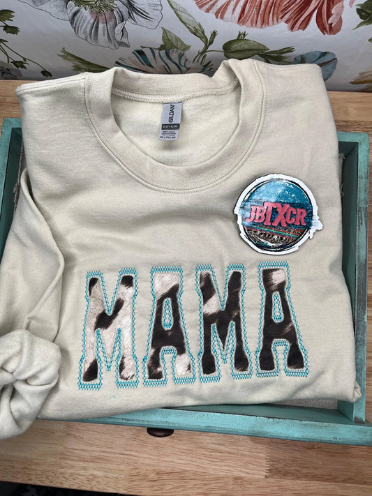 Mama Faux cowhide Applique Embroidered Crewneck or T-Shirt