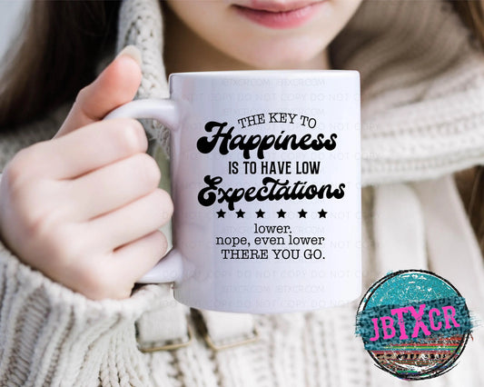 The key to Happiness is to have low Expectations... 15oz. Coffee Mug
