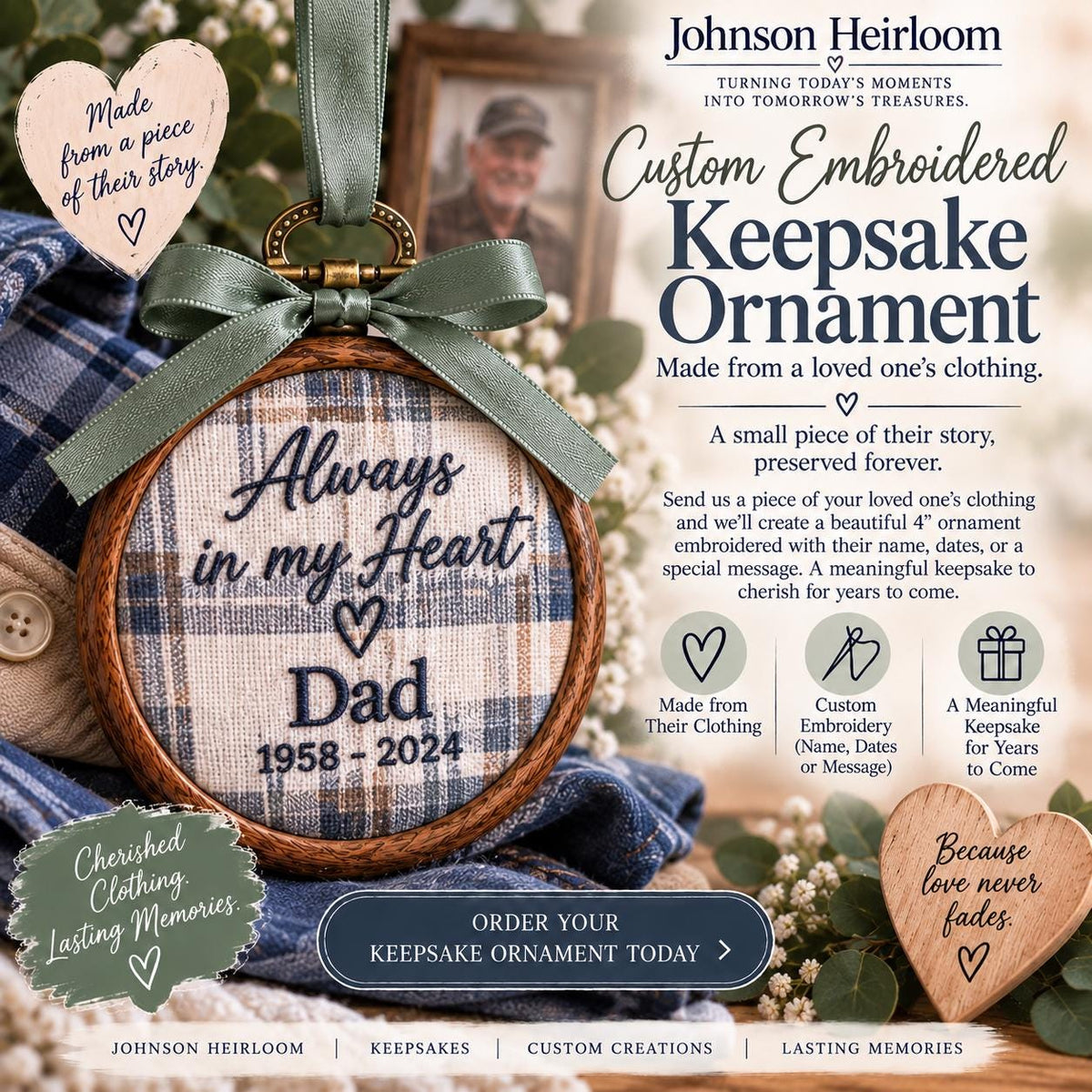 Custom Embroidered Keepsake Ornament Made From Loved One’s Clothing | Memorial Ornament | Memory Keepsake | Personalized Clothing Ornament